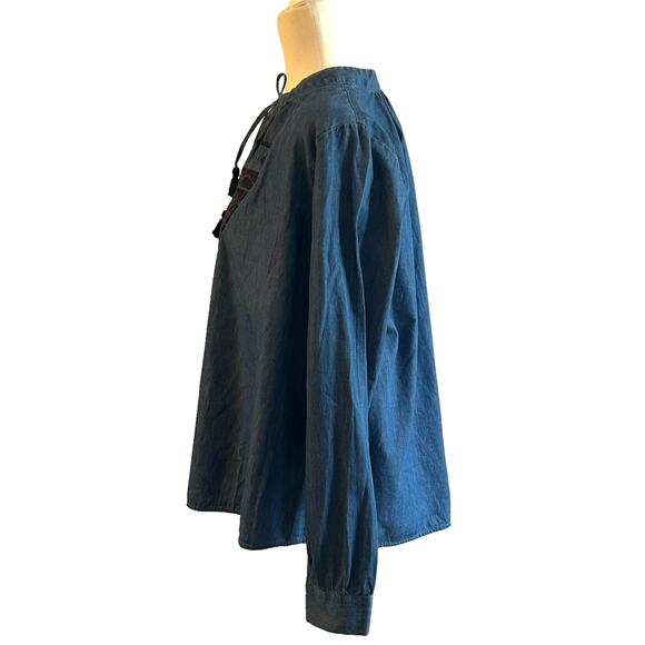 LOFT Lounge Blue Denim Chambray Boho Western Top Long Sleeve Embroidery XS - Picture 3 of 6